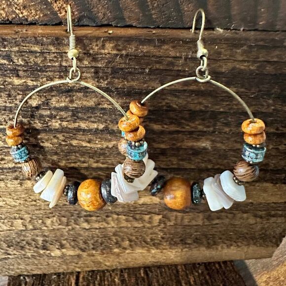 Handmade Western Hippie Copper Wire Natural Wooden Beads Drop Earrings, Gift Box - Picture 4 of 7